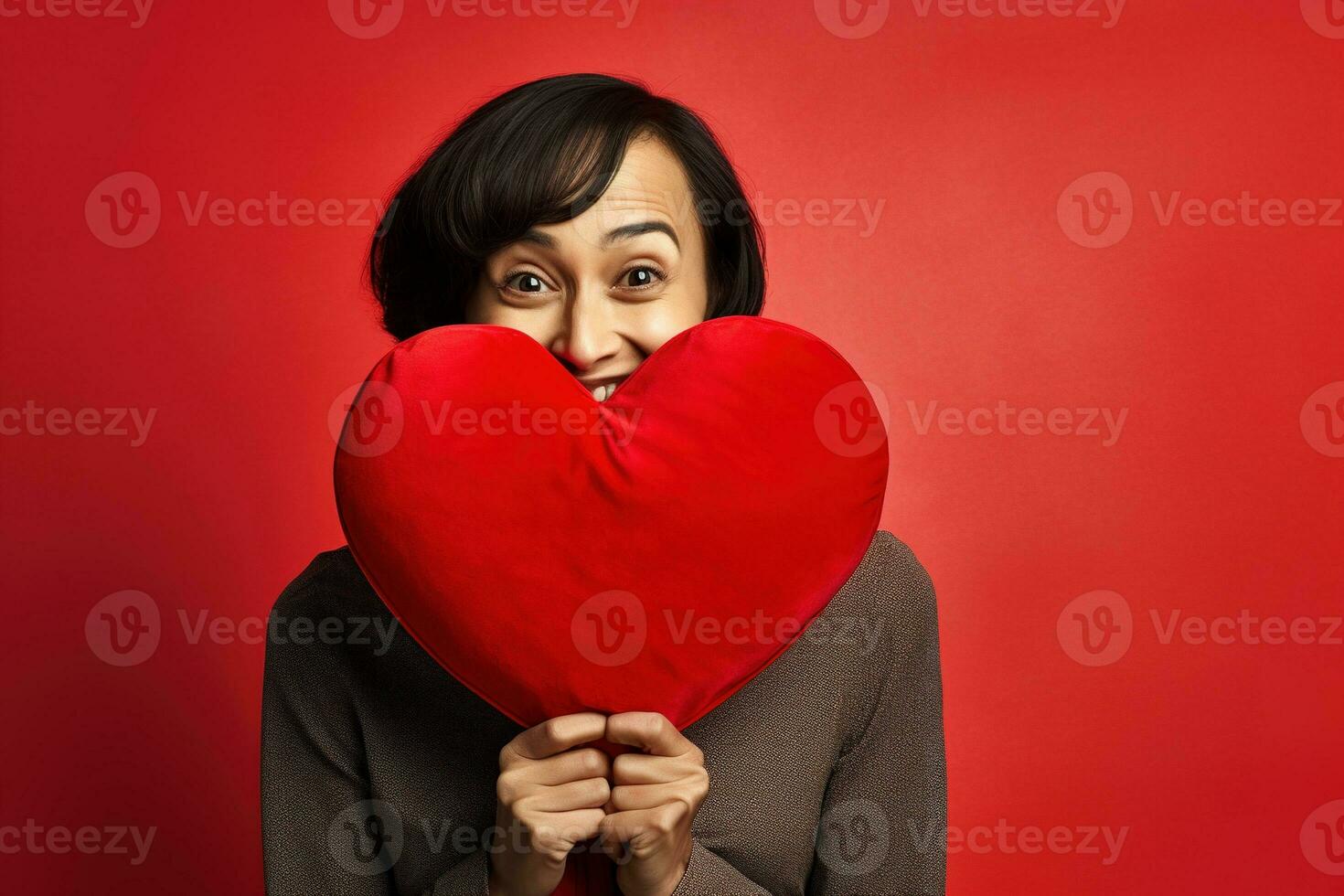 retrato do uma feliz mulher com vermelho coração em uma vermelho plano de fundo.dia dos namorados dia conceito ai gerado foto