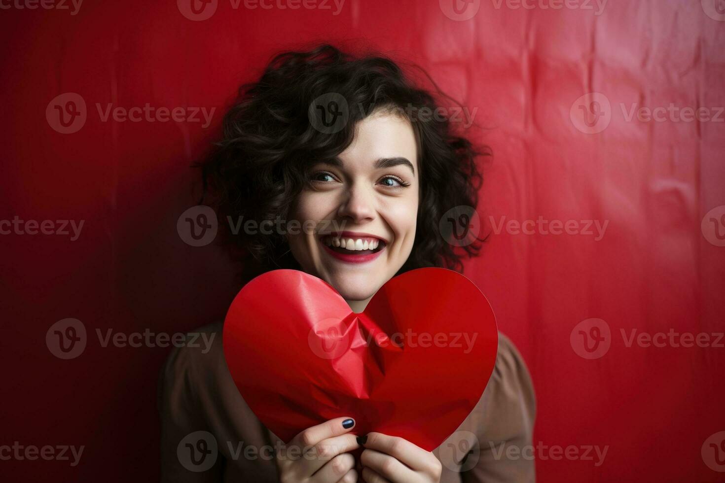 retrato do uma feliz mulher com vermelho coração em uma vermelho plano de fundo.dia dos namorados dia conceito ai gerado foto