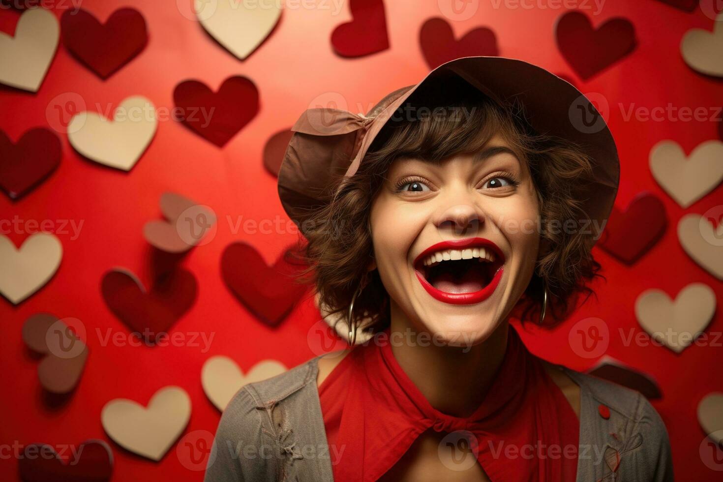 retrato do uma feliz mulher com vermelho coração em uma vermelho plano de fundo.dia dos namorados dia conceito ai gerado foto