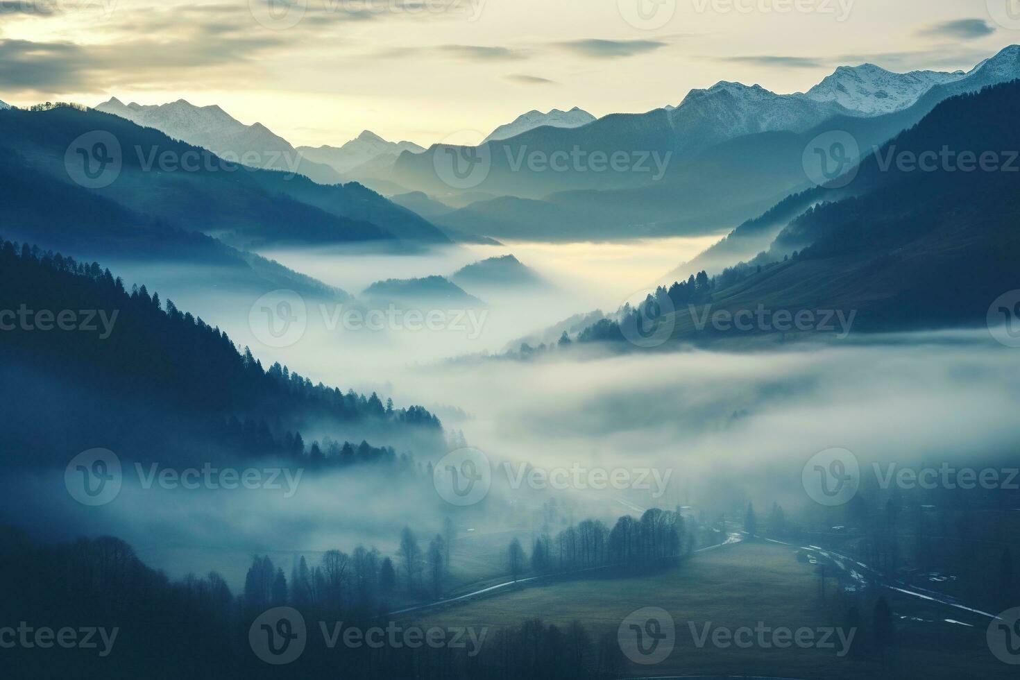 ai gerado lindo panorama do montanhas dentro nebuloso manhã. beleza dentro natureza. foto