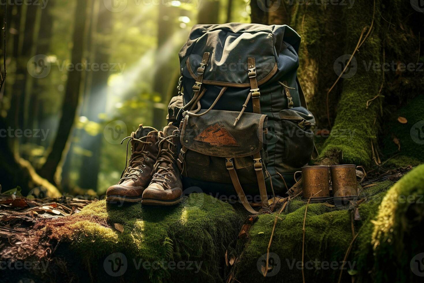 caminhada chuteiras e mochila dentro a floresta. viagem e aventura conceito ai gerado foto