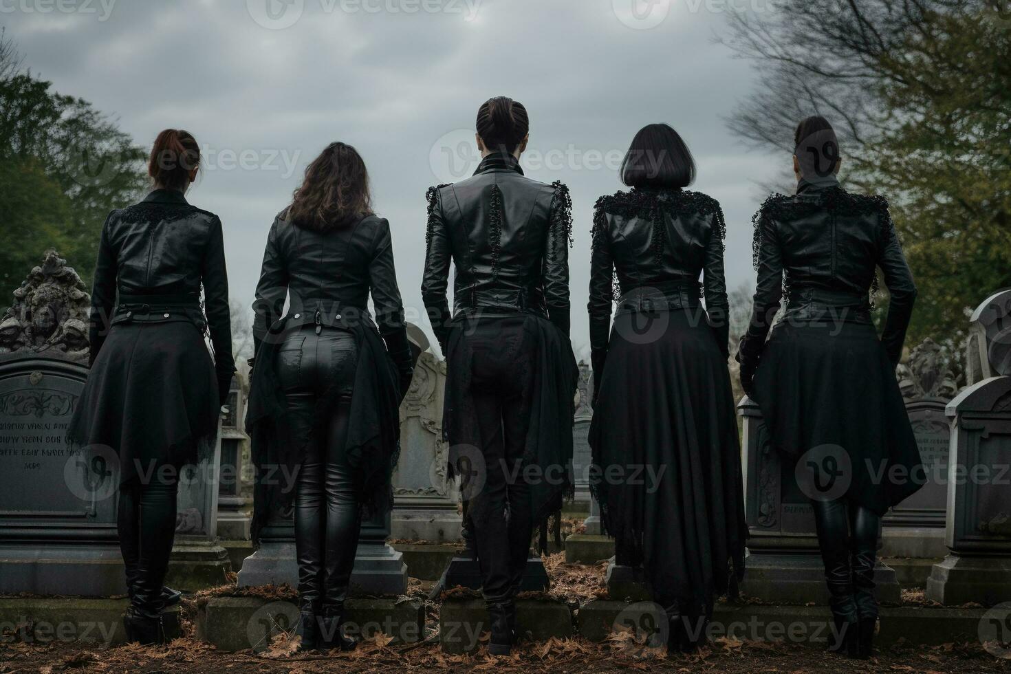 uma grupo do jovem pessoas dentro uma cemitério olhando às a lápides ai gerado foto