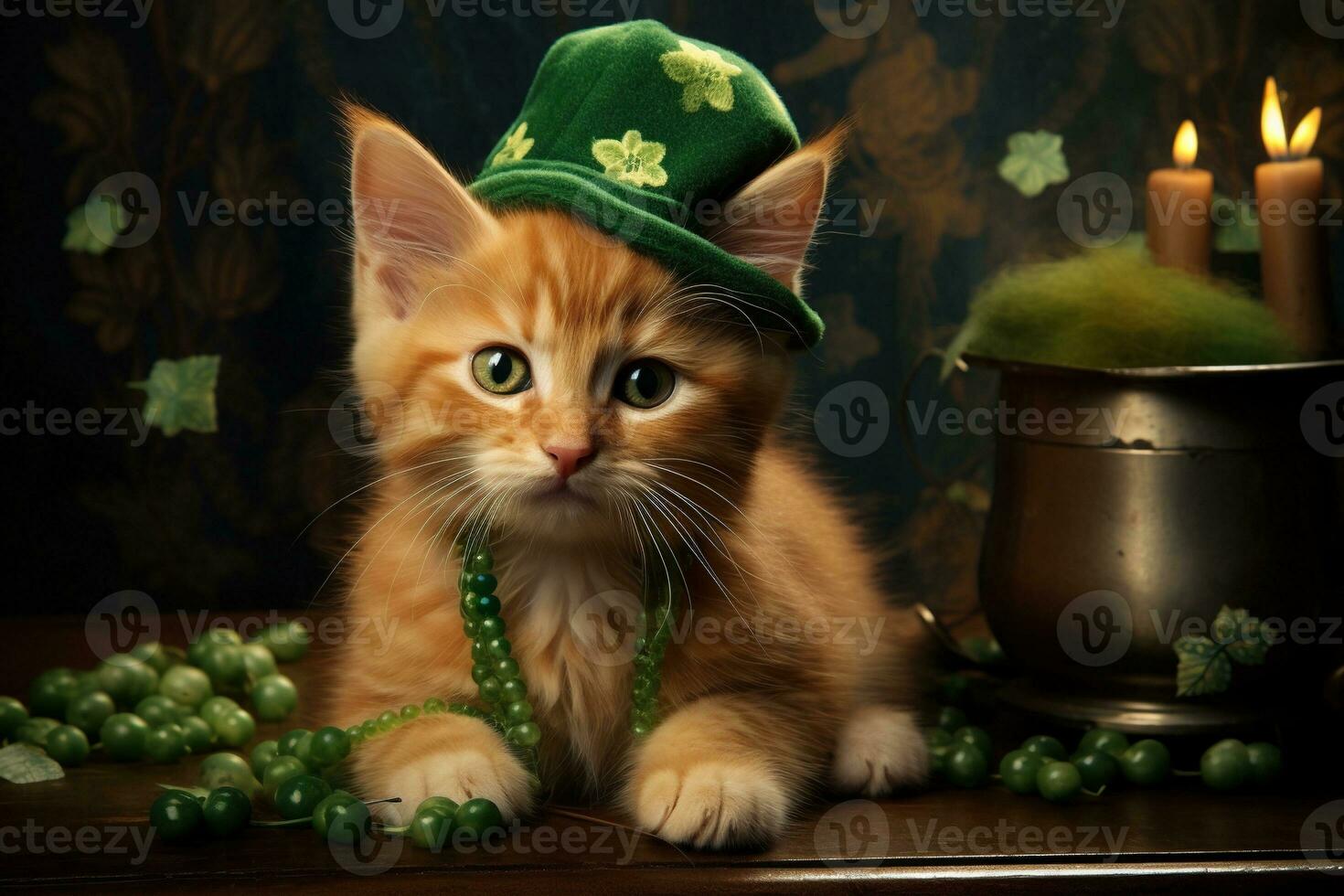 fofa gato vestindo uma verde topo chapéu para st. patrick's dia. ai gerado foto