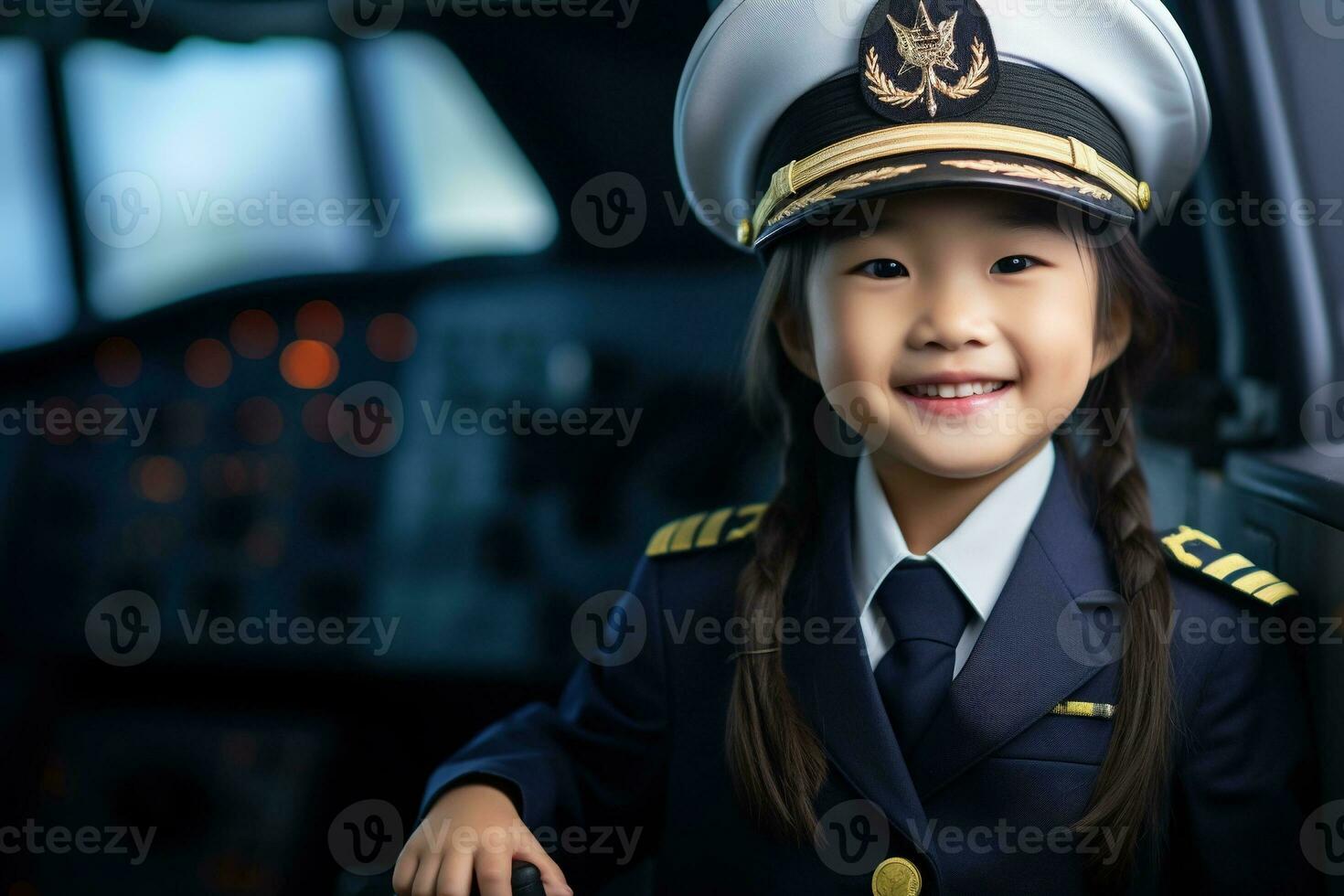 retrato do uma fofa ásia pequeno menina dentro uma piloto uniforme ai gerado foto