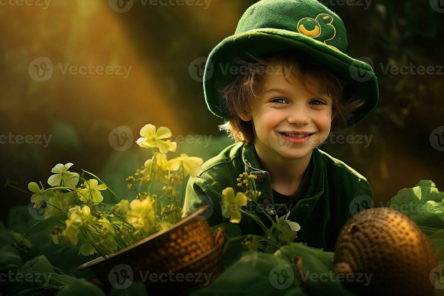 retrato do uma sorridente Garoto dentro uma duende fantasia. st. patrick's dia. ai gerado foto