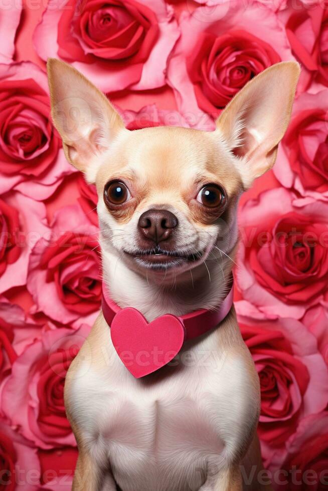 retrato dia dos namorados do uma fofa chihuahua cachorro com rosas ai gerado foto