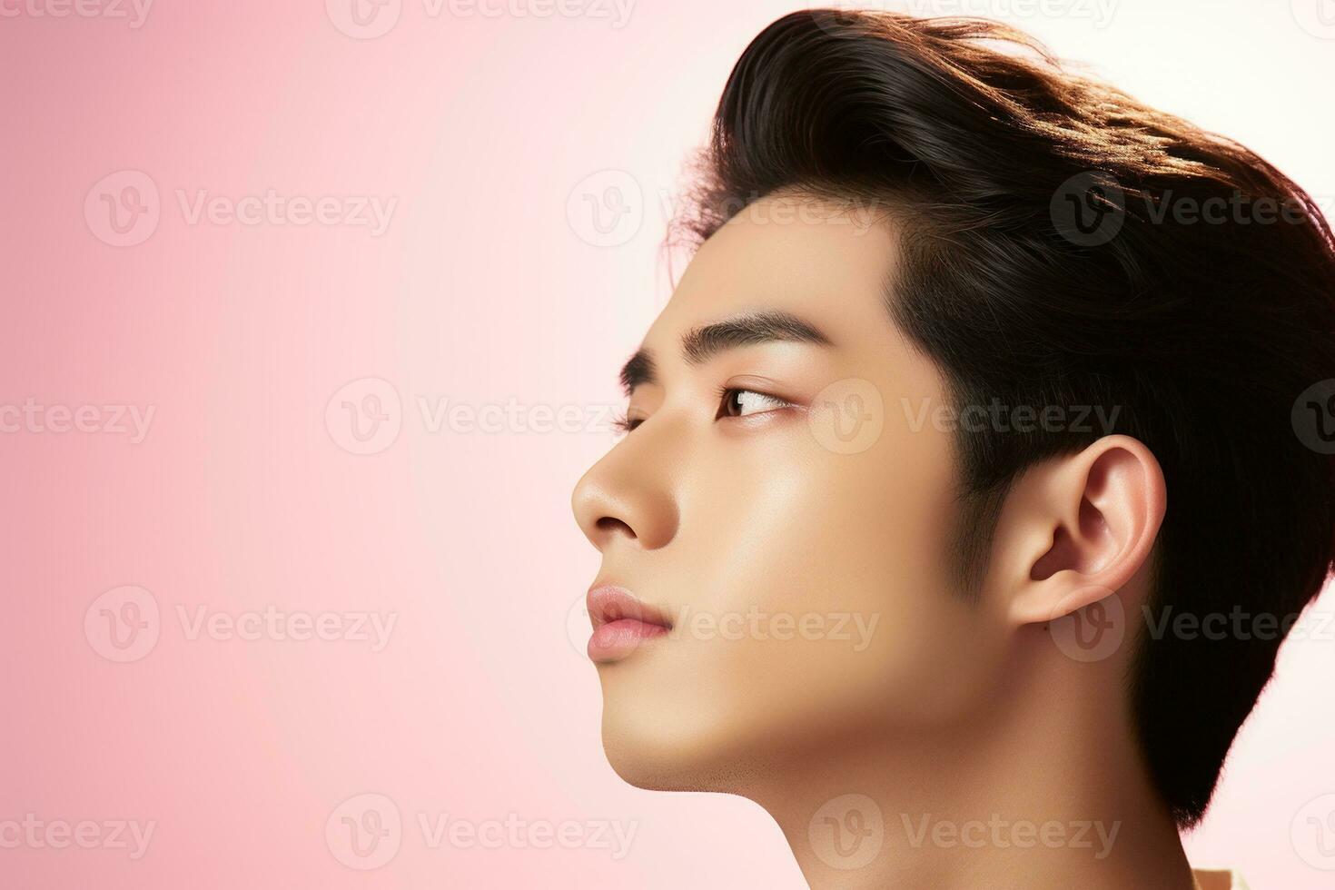 retrato do uma lindo jovem ásia homem em Rosa background.asian beleza ai gerado foto