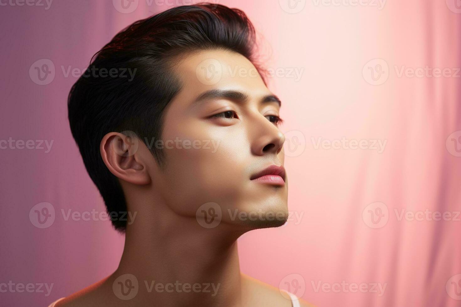 retrato do uma lindo jovem ásia homem em Rosa background.asian beleza ai gerado foto