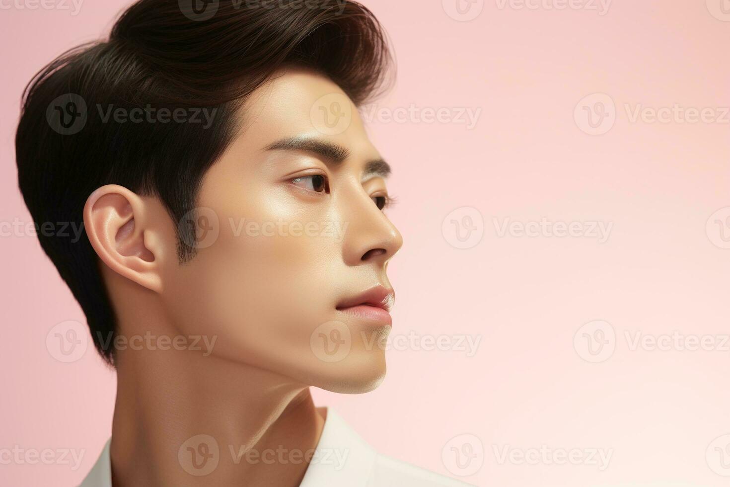 retrato do uma lindo jovem ásia homem em Rosa background.asian beleza ai gerado foto