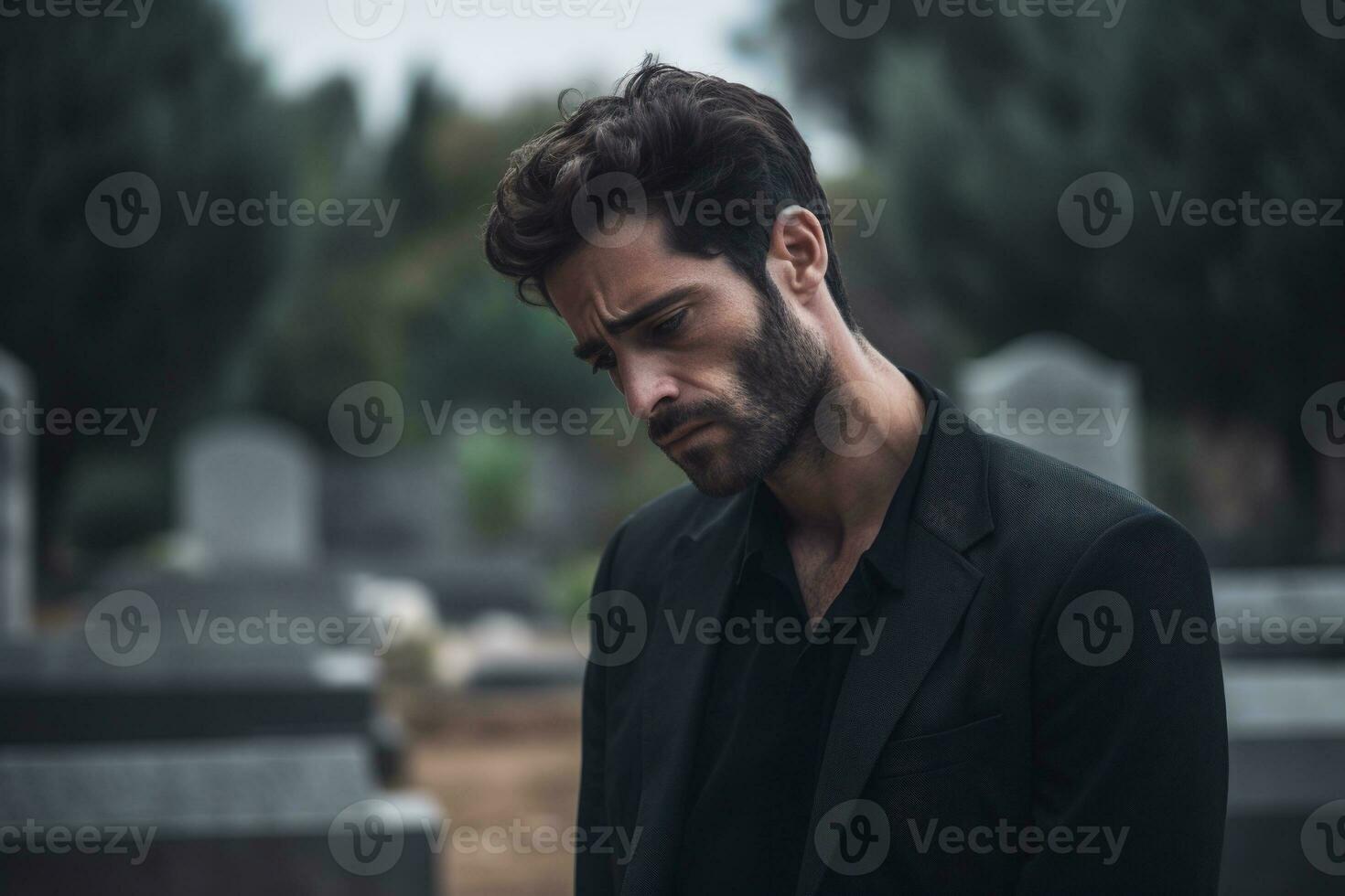 retrato do uma triste e depressivo homem dentro uma Preto casaco em a fundo do uma cemitério.funeral conceito ai gerado foto