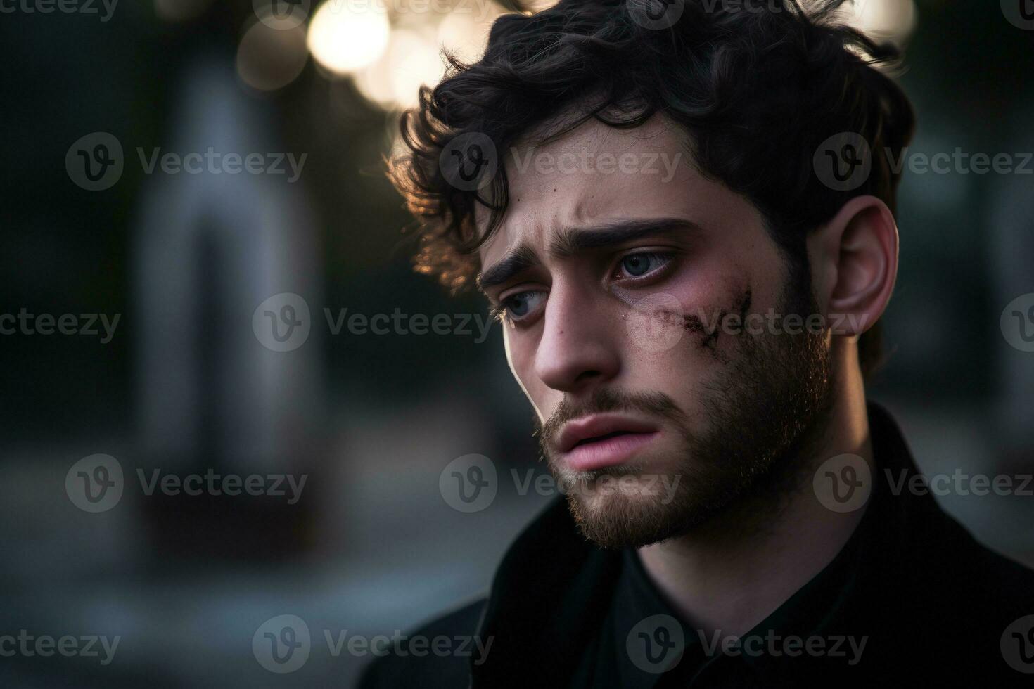 retrato do uma triste e depressivo homem dentro uma Preto casaco em a fundo do uma cemitério.funeral conceito ai gerado foto