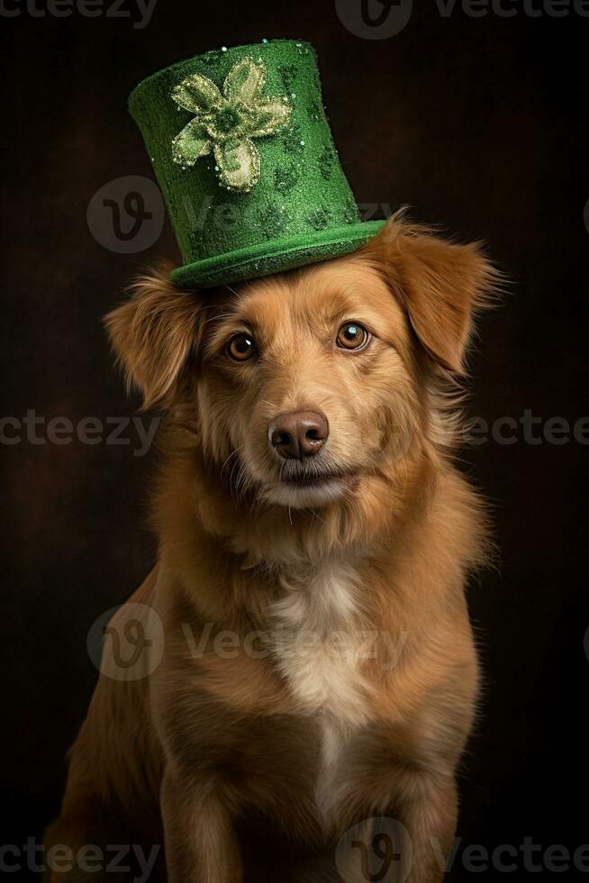 fofa cachorro dentro verde topo chapéu. st. patrick's dia. ai gerado foto