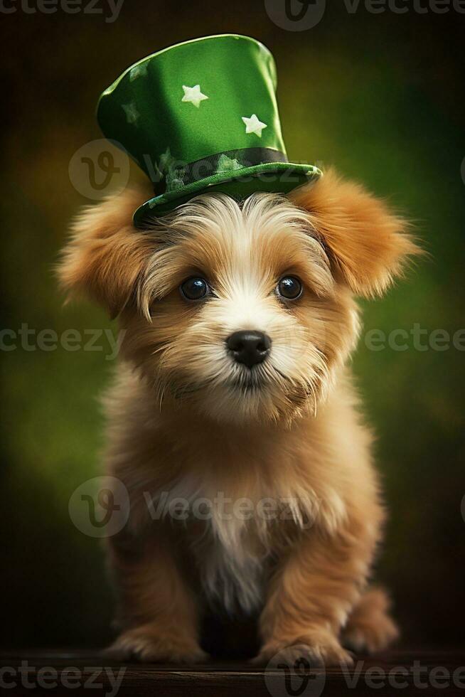 fofa cachorro dentro verde topo chapéu. st. patrick's dia. ai gerado foto