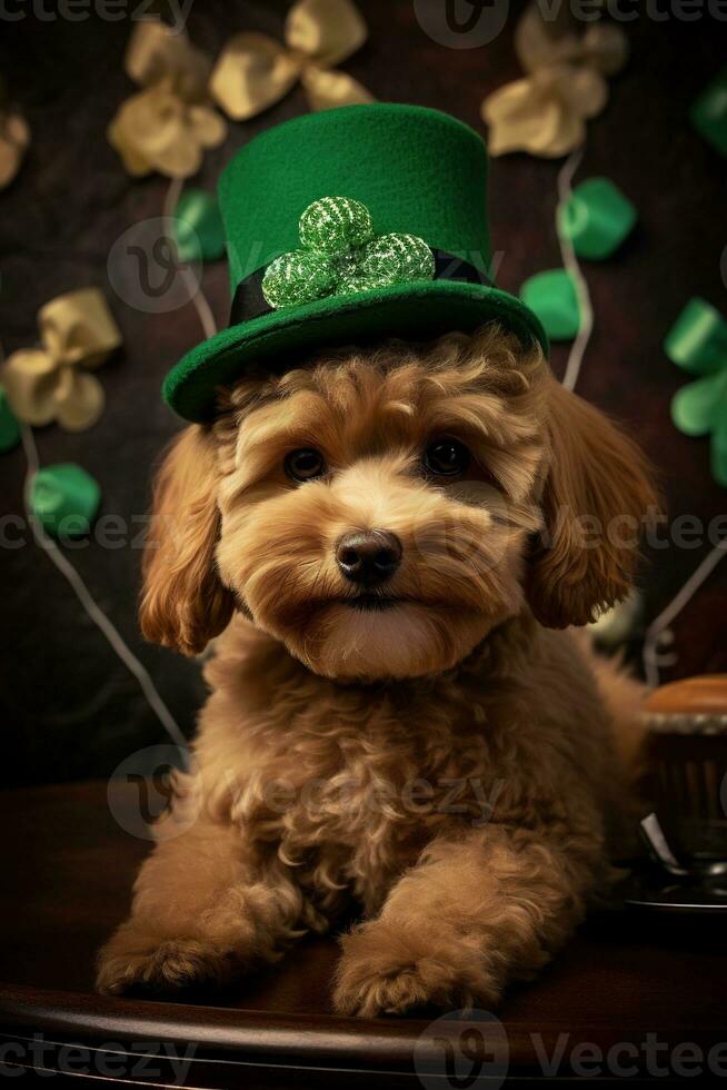 fofa cachorro dentro verde topo chapéu. st. patrick's dia. ai gerado foto