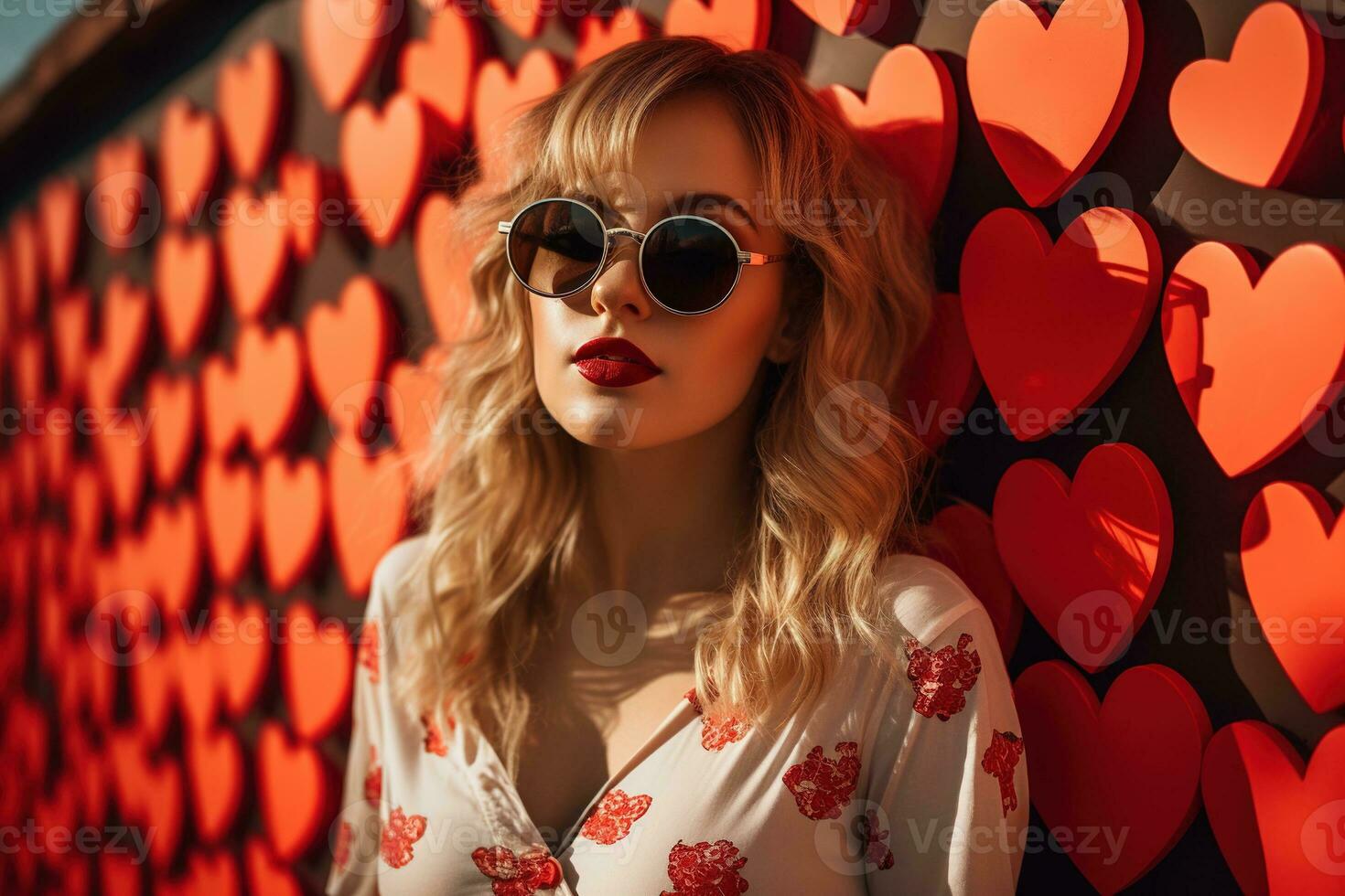 dia dos namorados dia. retrato do lindo jovem mulher dentro oculos de sol em vermelho fundo com corações ai gerado foto