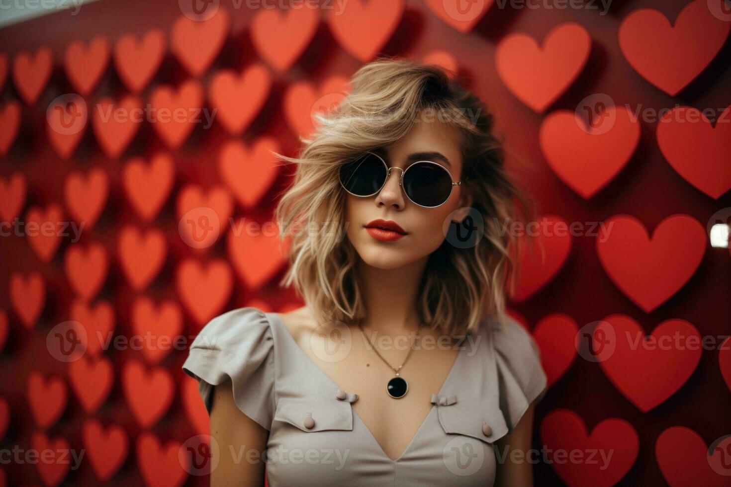 dia dos namorados dia. retrato do lindo jovem mulher dentro oculos de sol em vermelho fundo com corações ai gerado foto