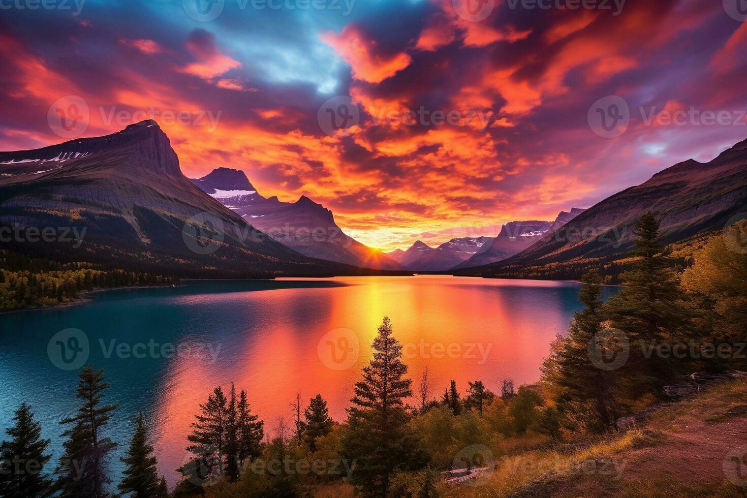 majestoso pôr do sol dentro geleira nacional parque, montana, EUA. ai gerado foto