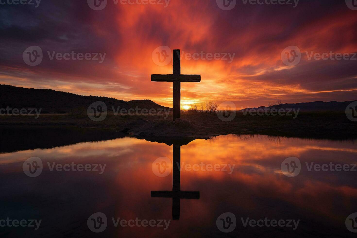 conceito ou conceptual madeira Cruz ou religião símbolo forma sobre uma pôr do sol céu fundo bandeira ai gerado foto