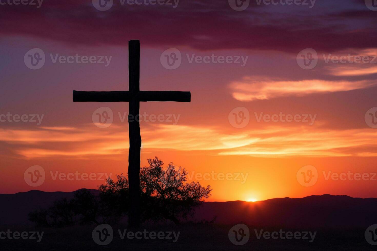 conceito ou conceptual madeira Cruz ou religião símbolo forma sobre uma pôr do sol céu fundo bandeira ai gerado foto