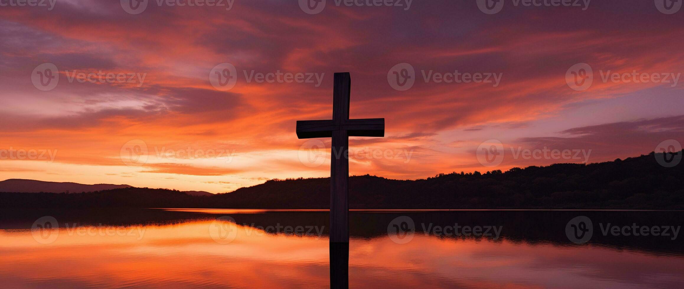 conceito ou conceptual madeira Cruz ou religião símbolo forma sobre uma pôr do sol céu fundo bandeira ai gerado foto