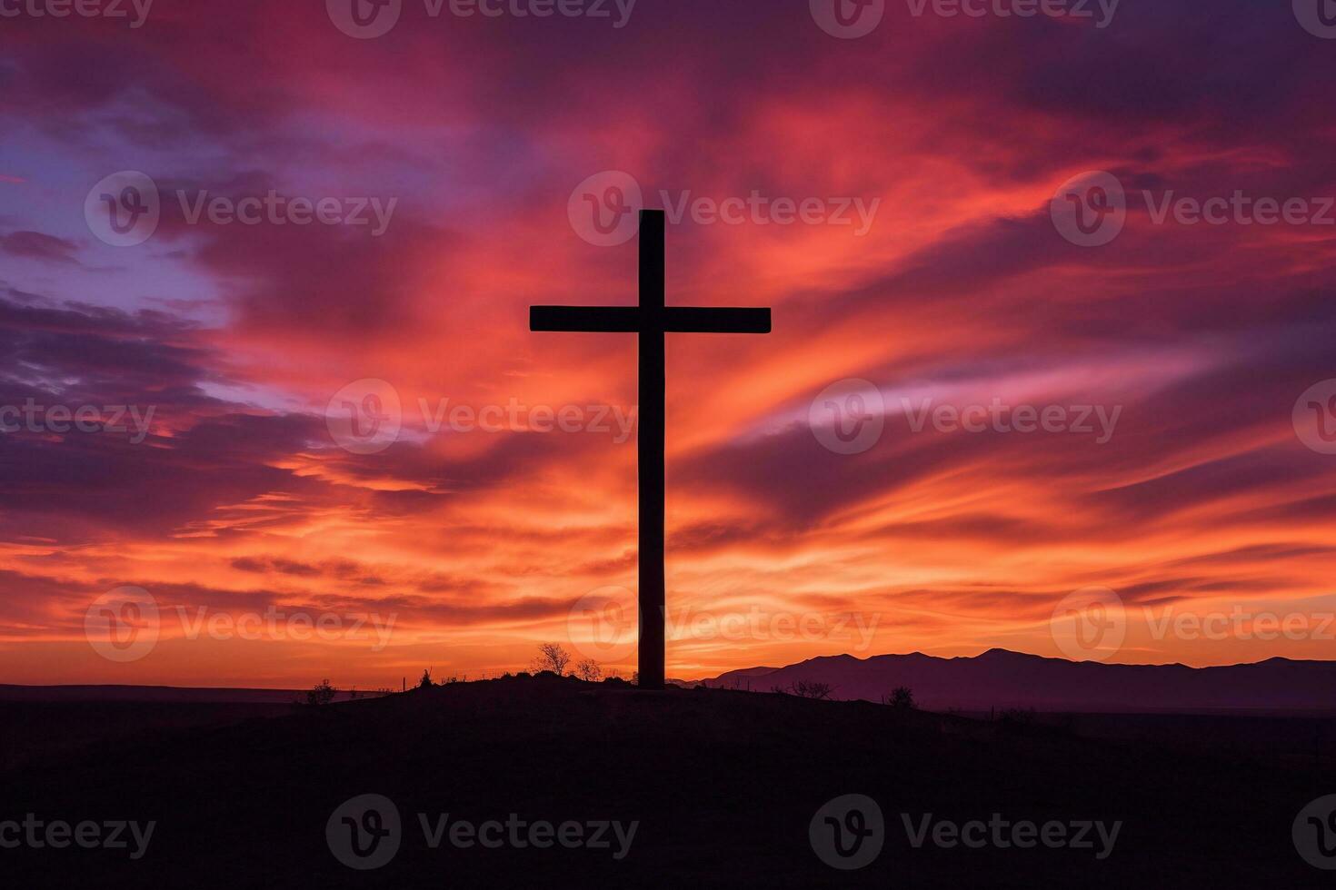 conceito ou conceptual madeira Cruz ou religião símbolo forma sobre uma pôr do sol céu fundo bandeira ai gerado foto