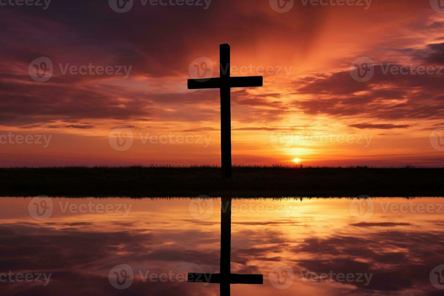 conceito ou conceptual madeira Cruz ou religião símbolo forma sobre uma pôr do sol céu fundo bandeira ai gerado foto