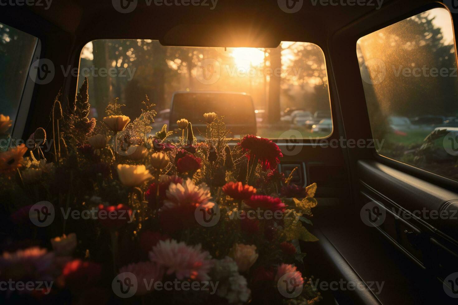 lindo flores dentro uma carro às pôr do sol. conceito do funeral. ai gerado foto