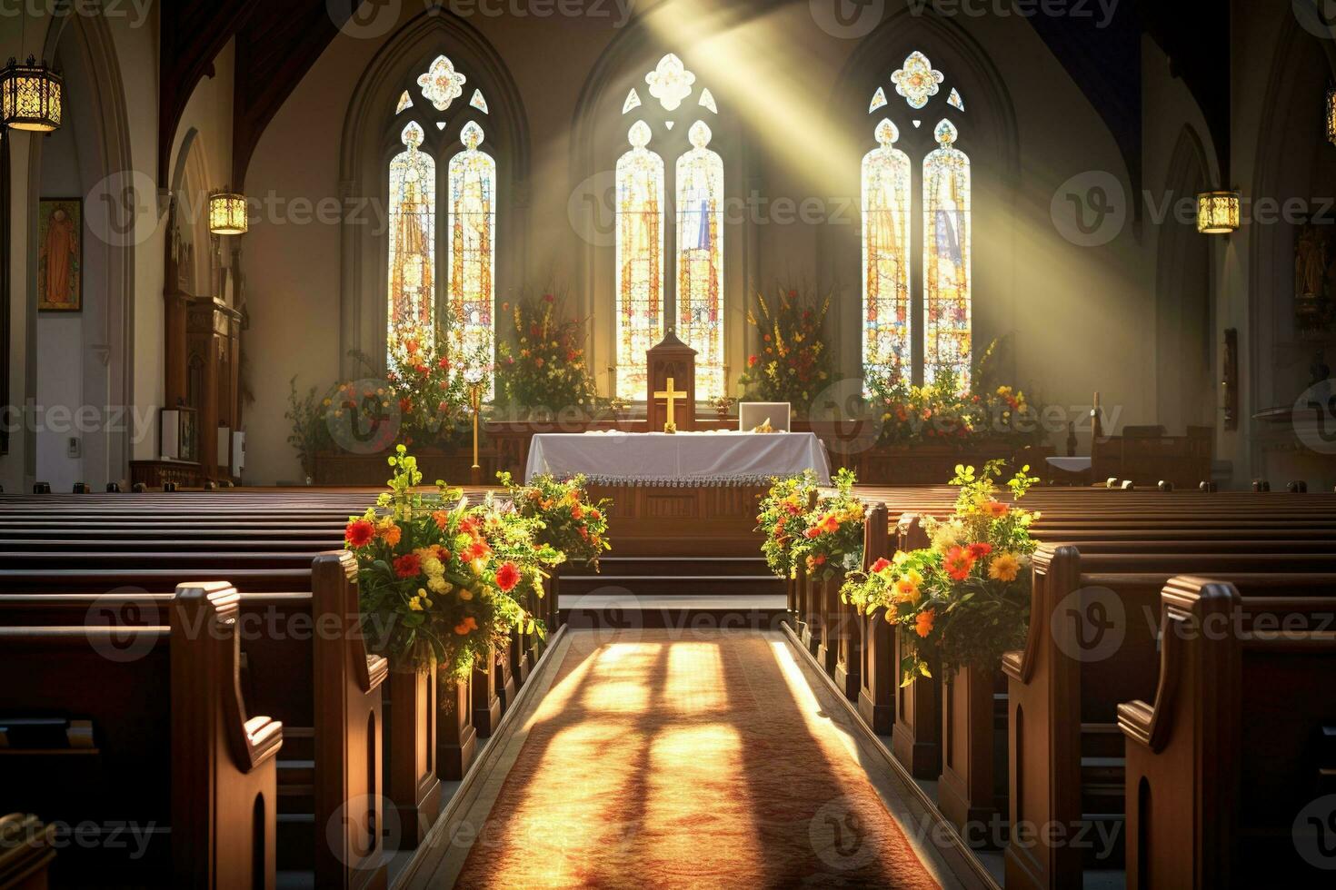 interior do uma Igreja com uma muitos do flores dentro a primeiro plano.funeral conceito ai gerado foto