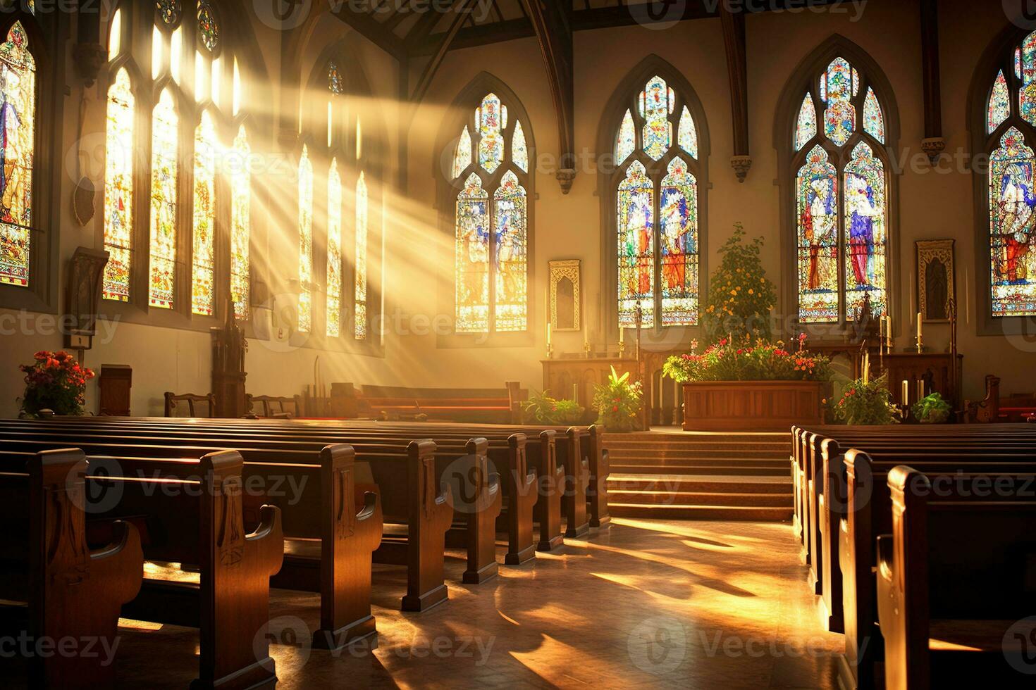 interior do uma Igreja com uma muitos do flores dentro a primeiro plano.funeral conceito ai gerado foto