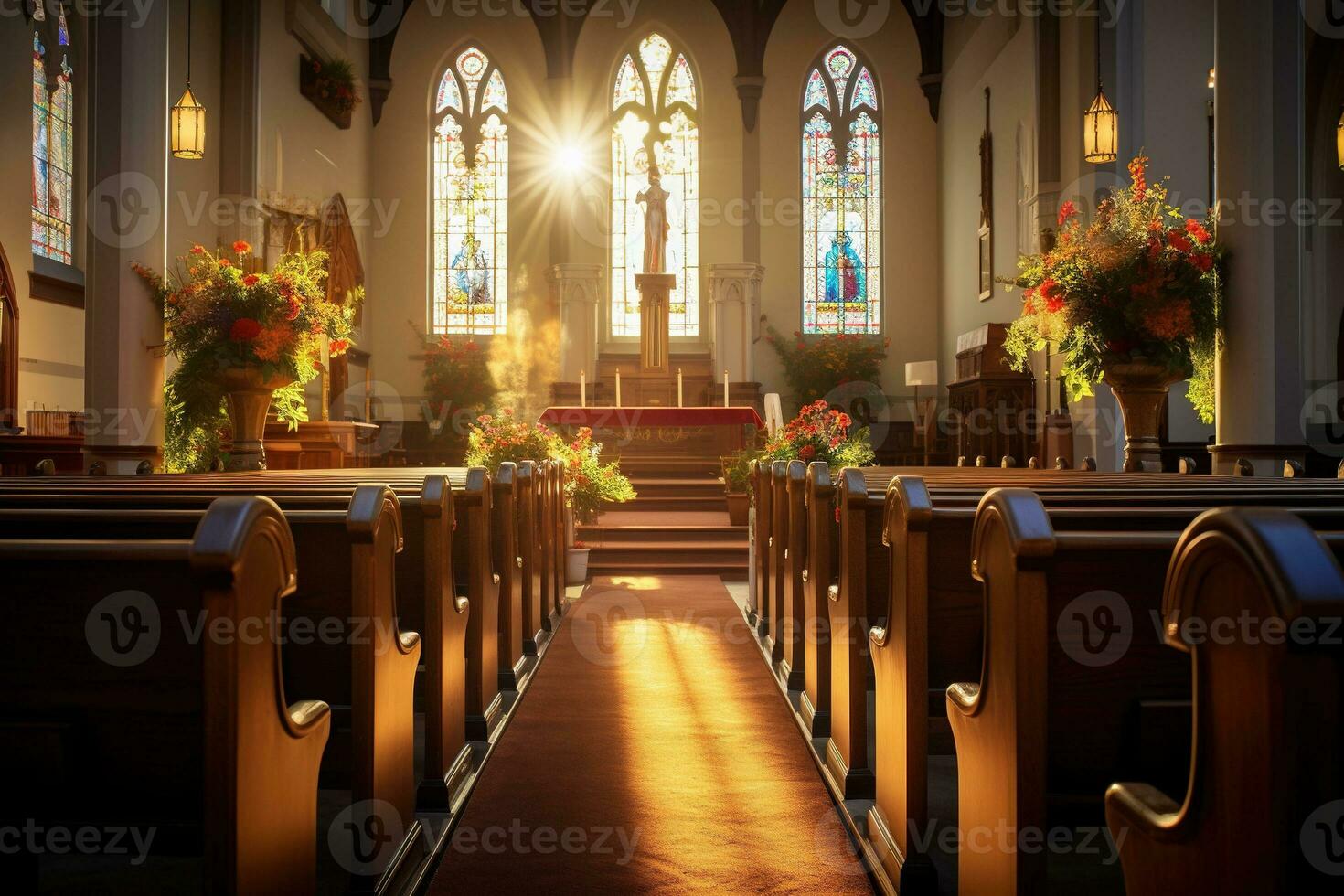 interior do uma Igreja com uma muitos do flores dentro a primeiro plano.funeral conceito ai gerado foto