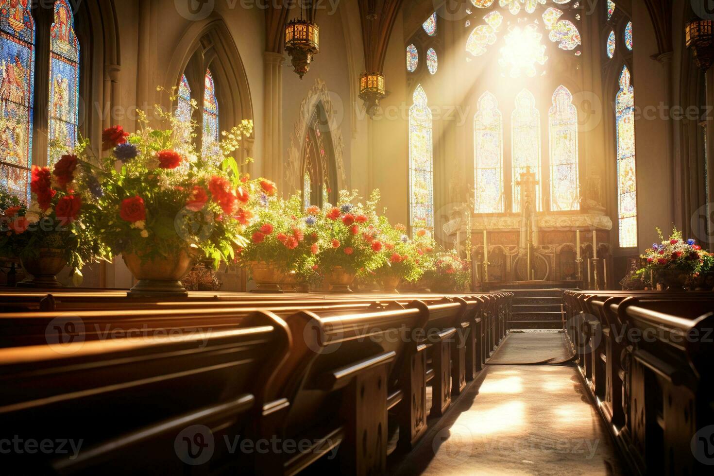 interior do uma Igreja com uma muitos do flores dentro a primeiro plano.funeral conceito ai gerado foto