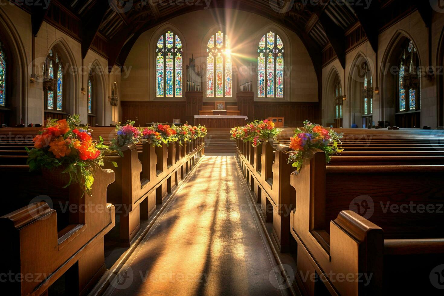 interior do uma Igreja com uma muitos do flores dentro a primeiro plano.funeral conceito ai gerado foto