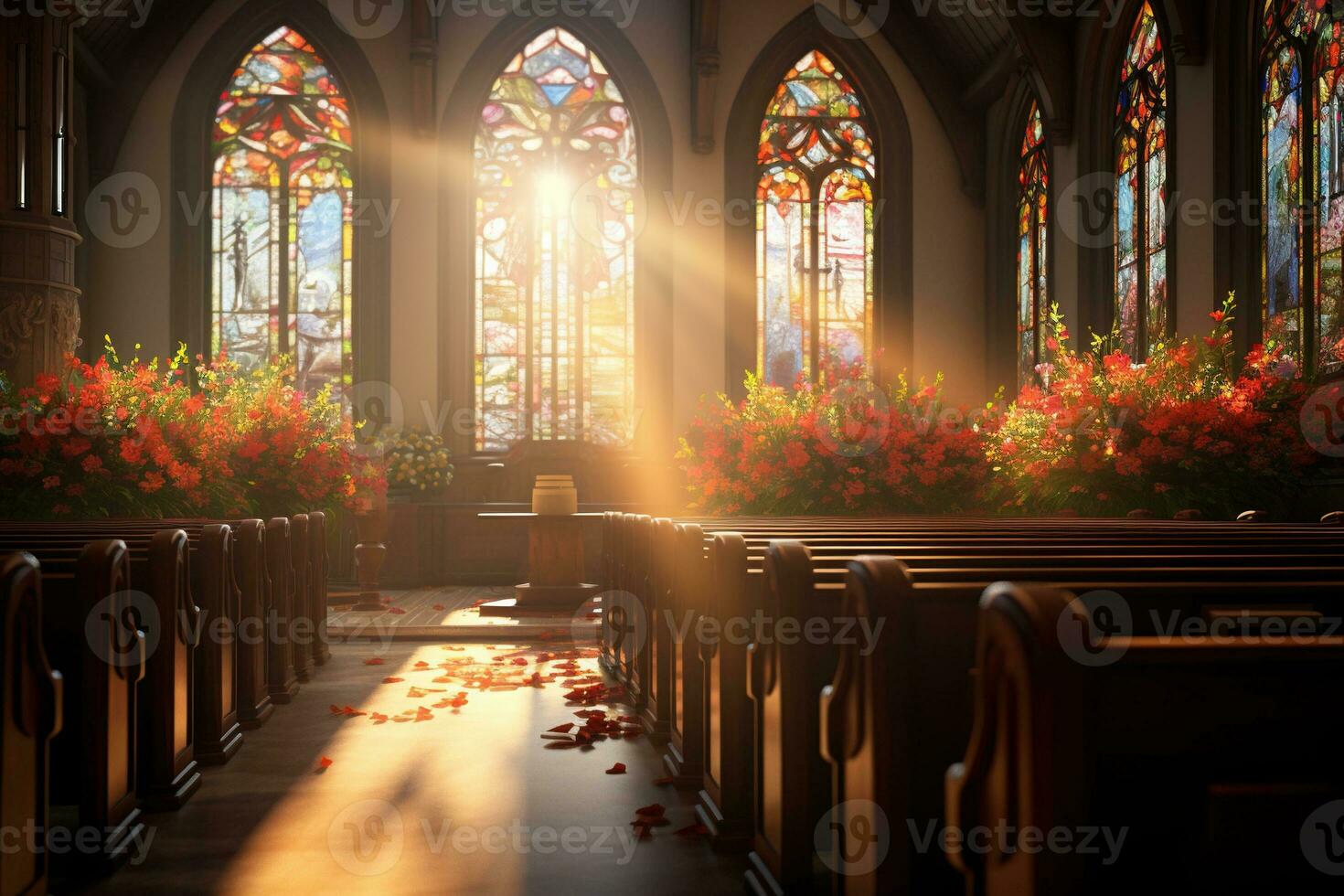 interior do uma Igreja com uma muitos do flores dentro a primeiro plano.funeral conceito ai gerado foto