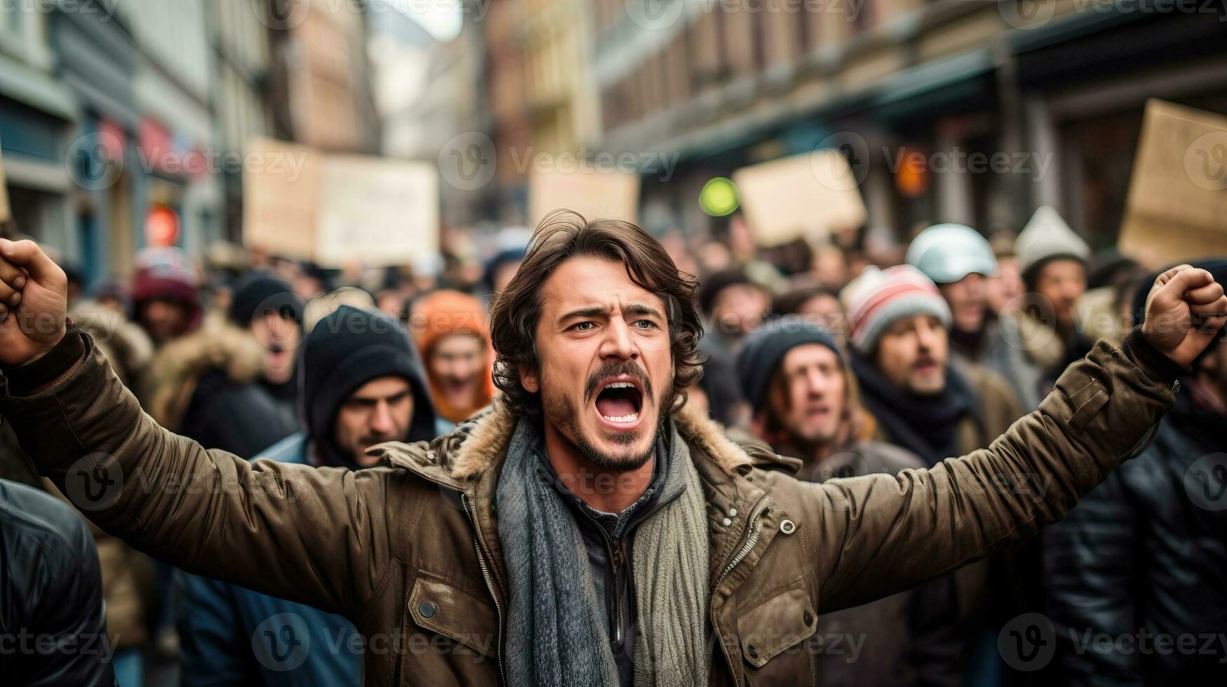 manifestantes marcha baixa uma cidade rua. ai gerado. foto