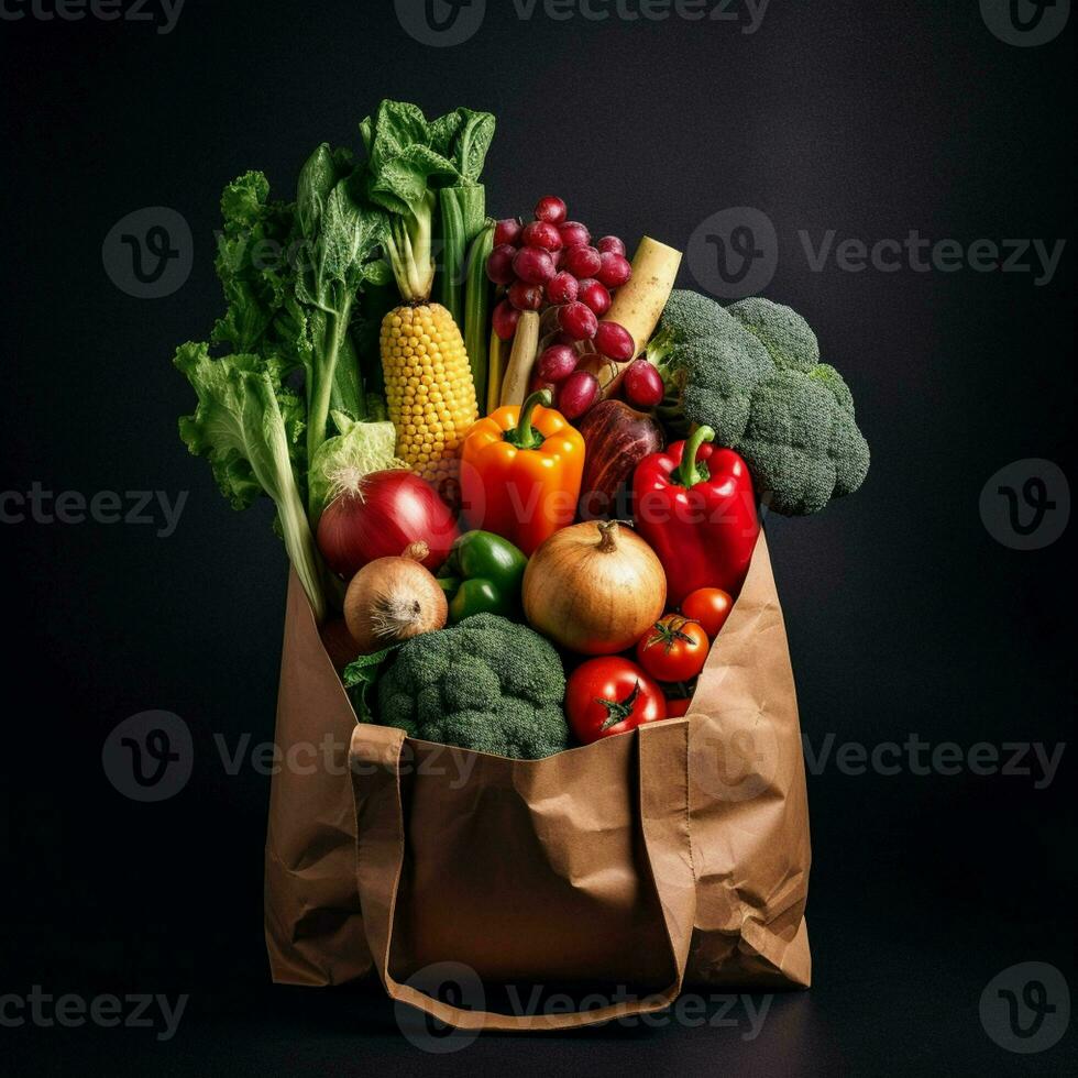 uma papel saco preenchidas com fresco frutas e legumes gerado com ai foto