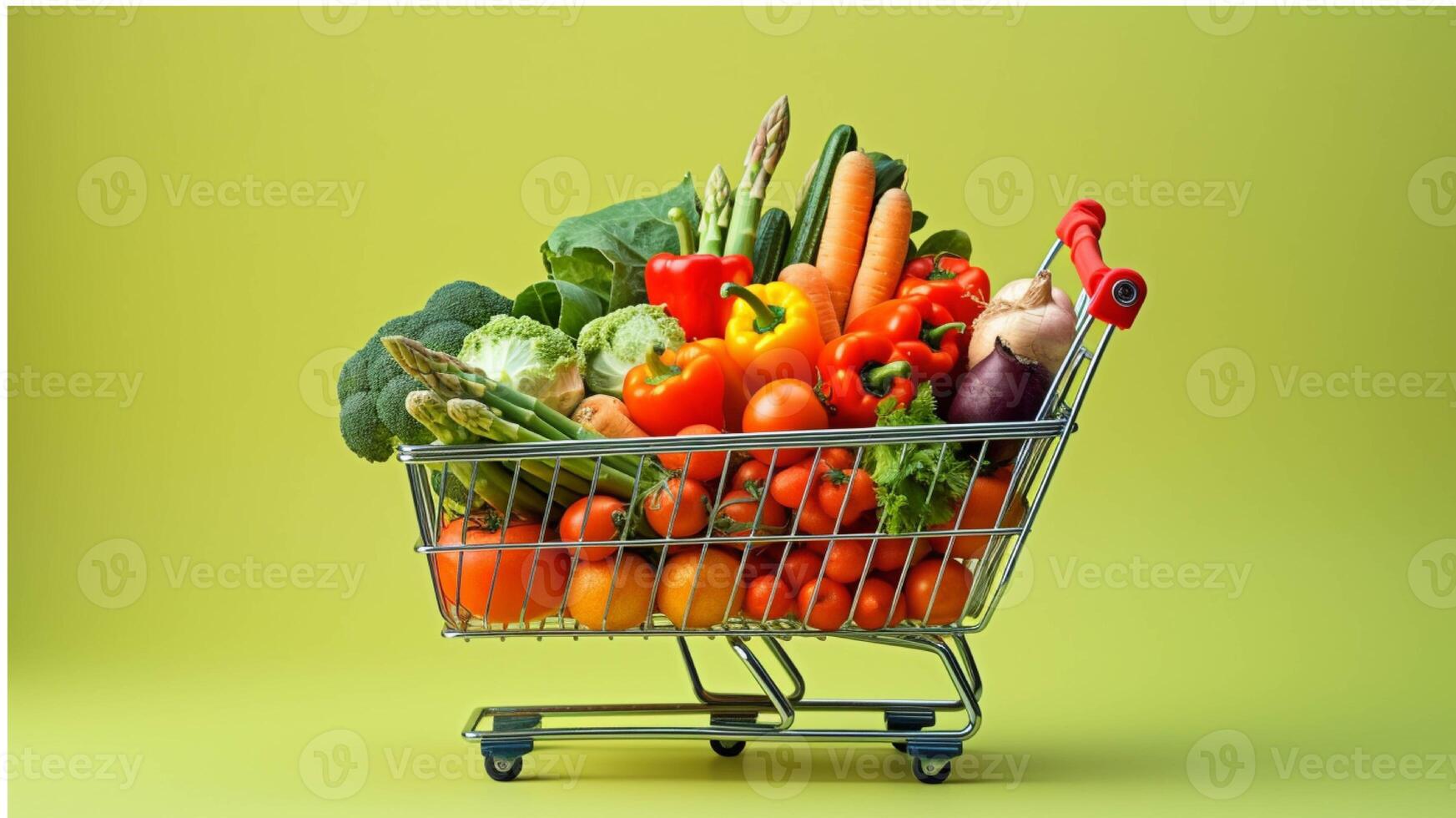 uma compras carrinho cheio do fresco frutas e legumes gerado com ai foto