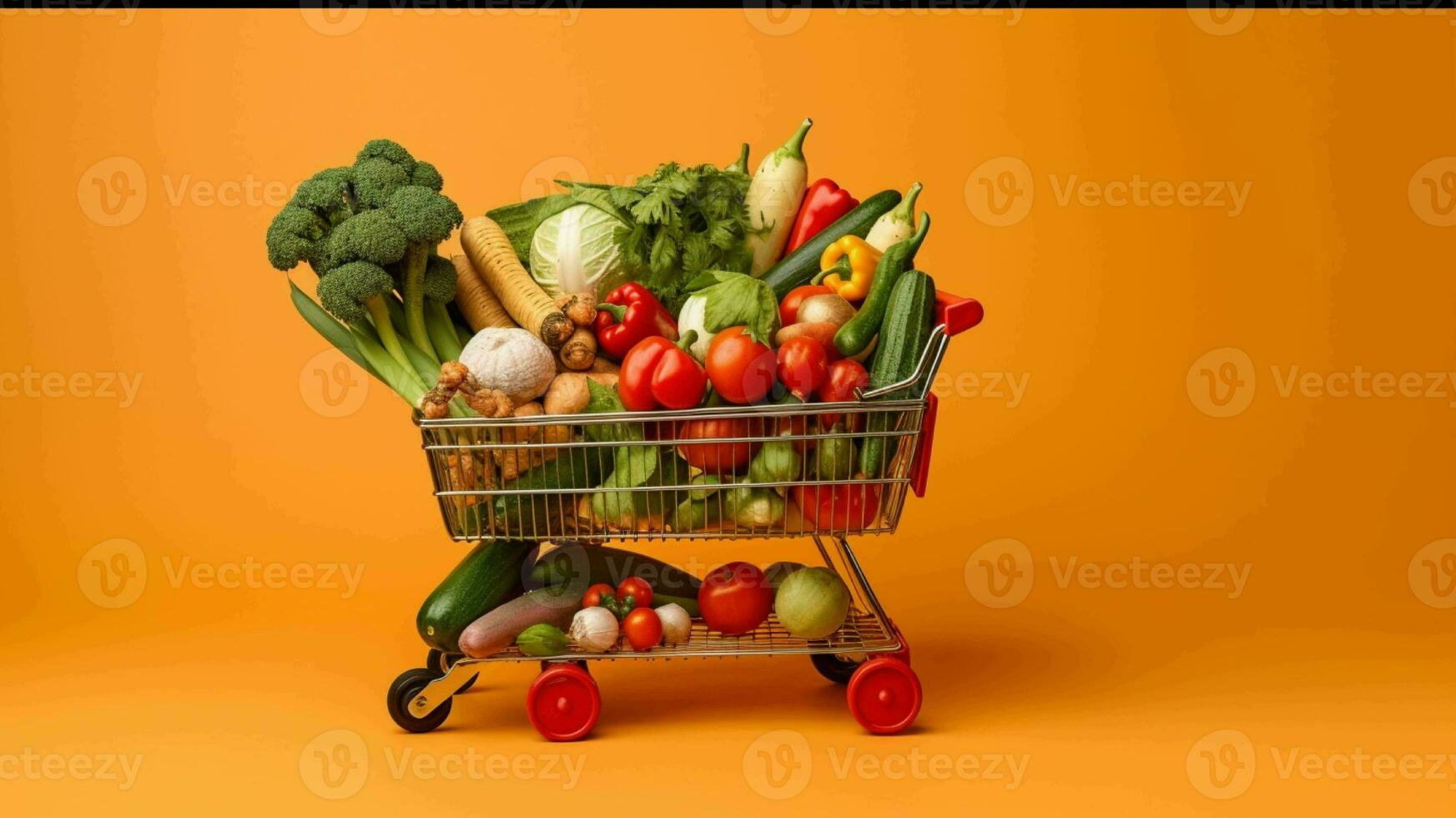 uma compras carrinho cheio do fresco frutas e legumes gerado com ai foto