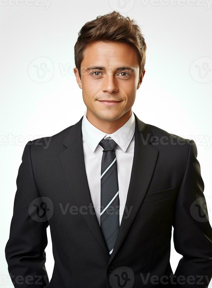 ai generativo feliz o negócio homem dentro uma terno branco fundo foto