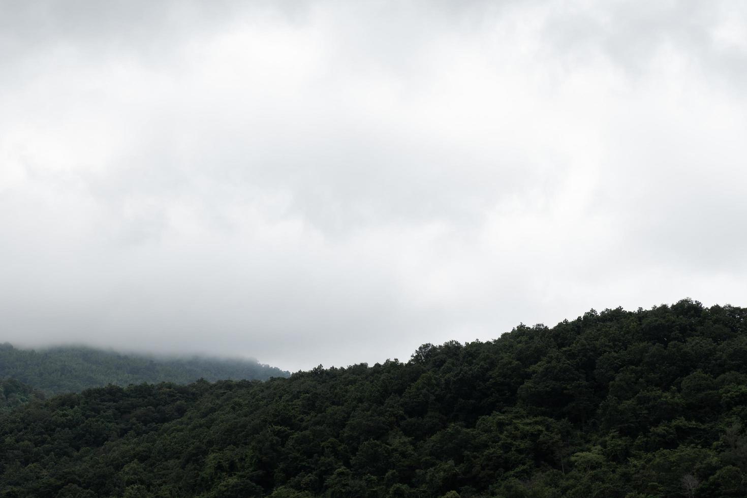 paisagem de montanha verde sob céu nublado em dia chuvoso foto