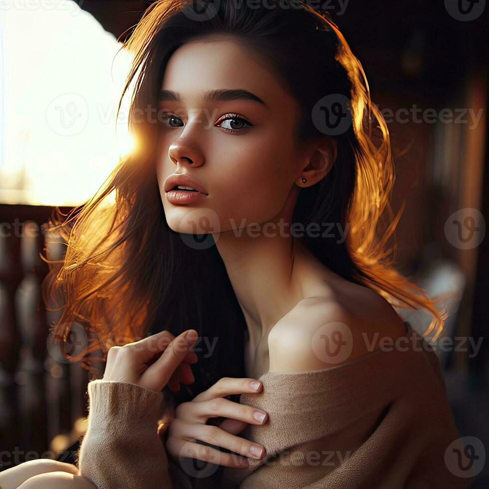 ai generativo moda interior foto do lindo sensual mulher com Sombrio cabelo dentro elegante roupas