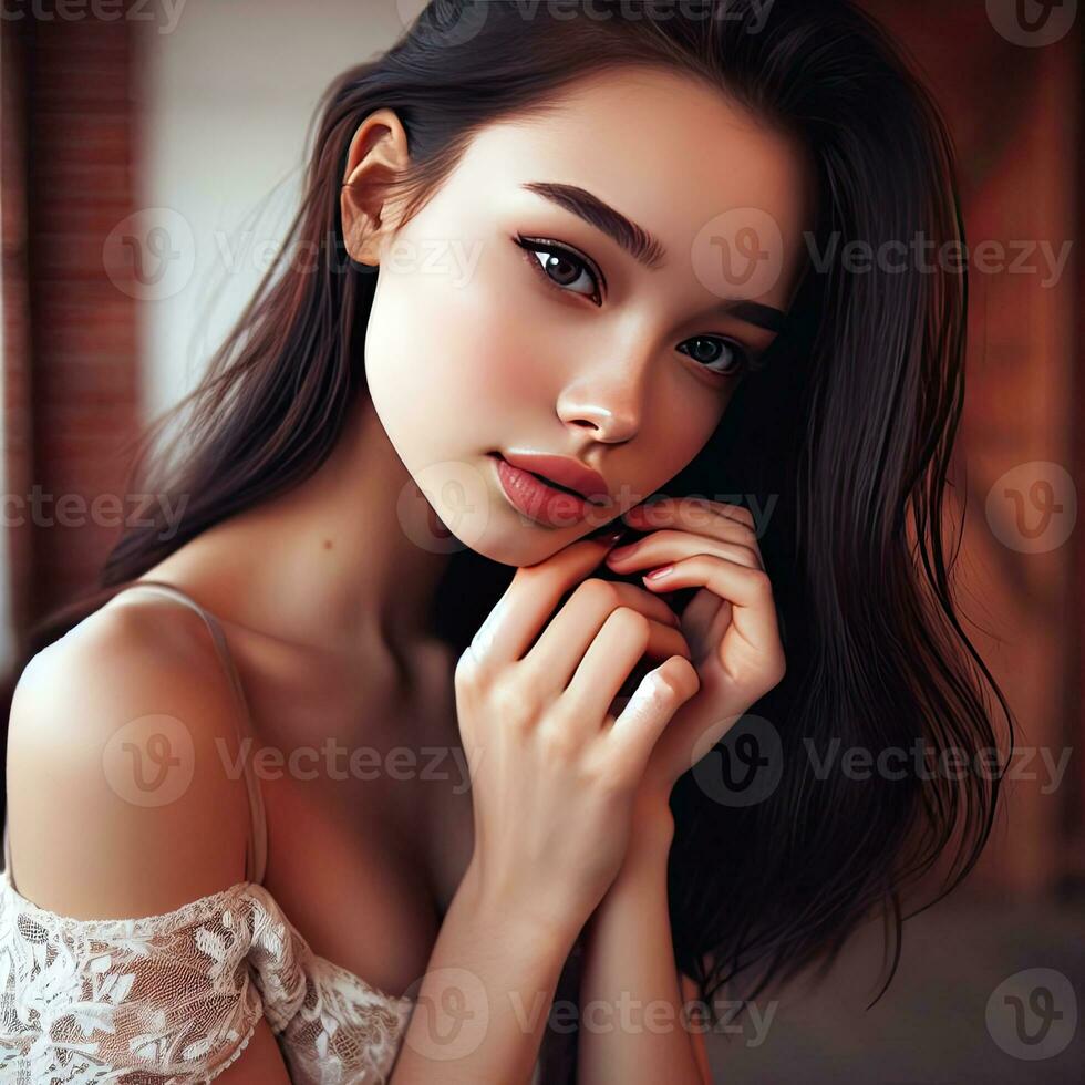 ai generativo moda interior foto do lindo sensual mulher com Sombrio cabelo dentro elegante roupas