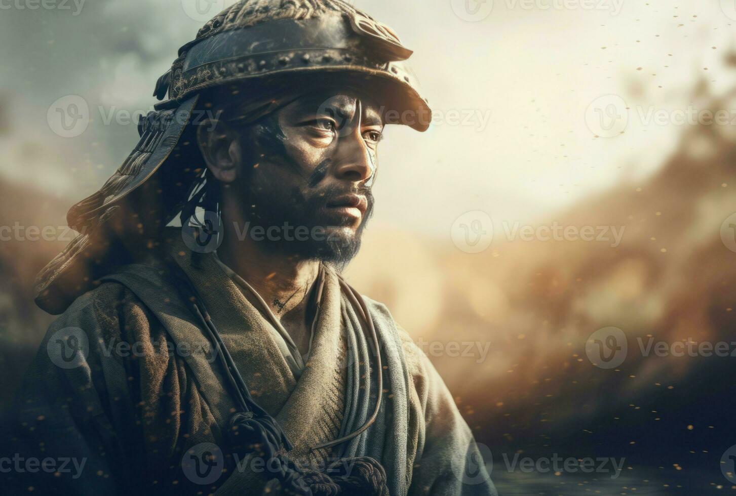 ai gerado zen samurai retrato natureza pôr do sol. gerar ai foto