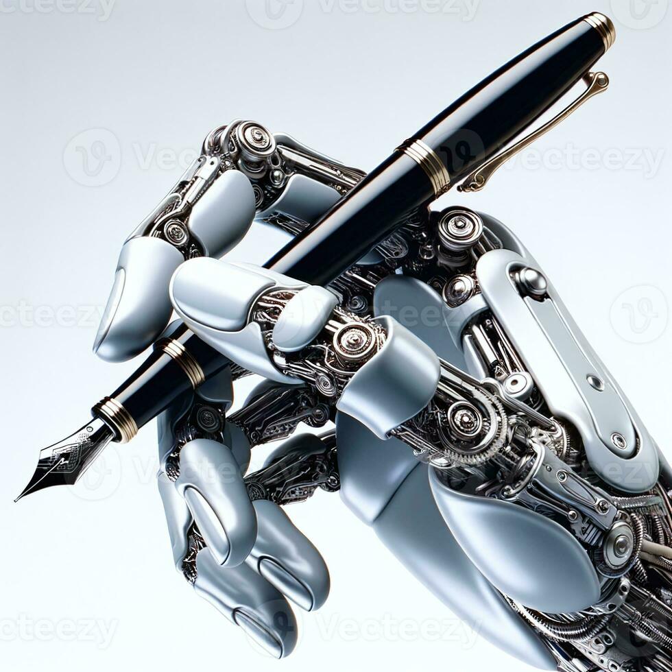 robótico mão segurando uma caneta, com intrincado mecânico detalhes e prata terminar. ai generativo foto