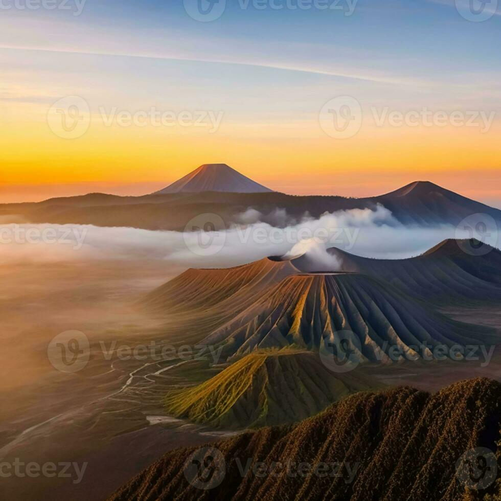 ai generativo alvorecer sobre a neve limitado montanhas. Nevado montanha pico às alvorecer. nascer do sol dentro montanhas. montanha nascer do sol panorama foto