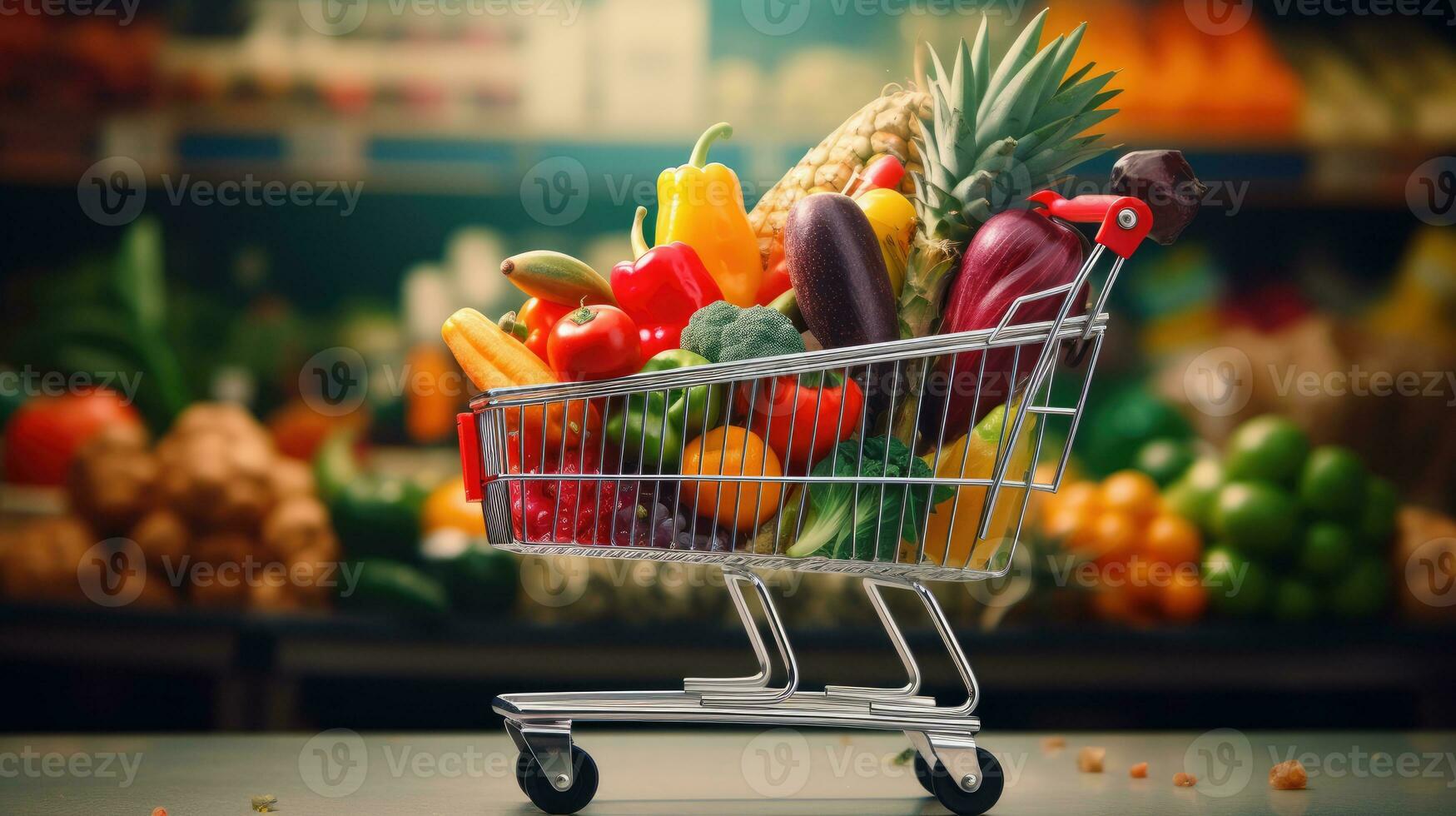 frutas e legumes dentro compras carrinho foto