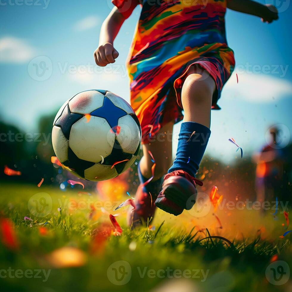 criança jogando futebol em a campo. pequeno Garoto chutando uma futebol bola. foto