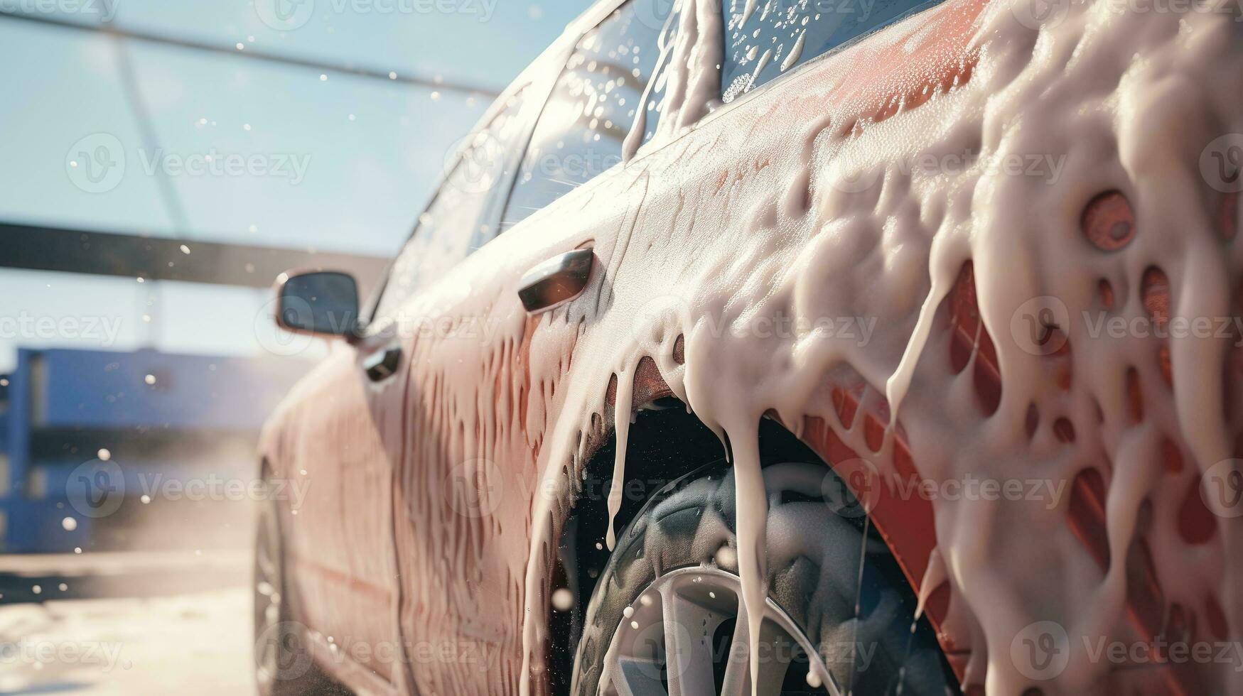 ai gerado generativo ai, carro lavar com espuma sabão, Alto pressão veículo máquina de lavar máquina sprays espuma, auto serviço foto