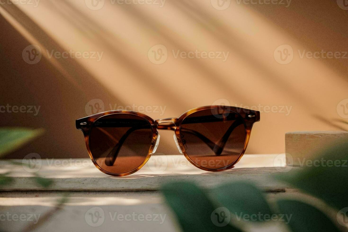 elegante à moda e moderno oculos de sol mentira em a de madeira mesa, ai generativo foto