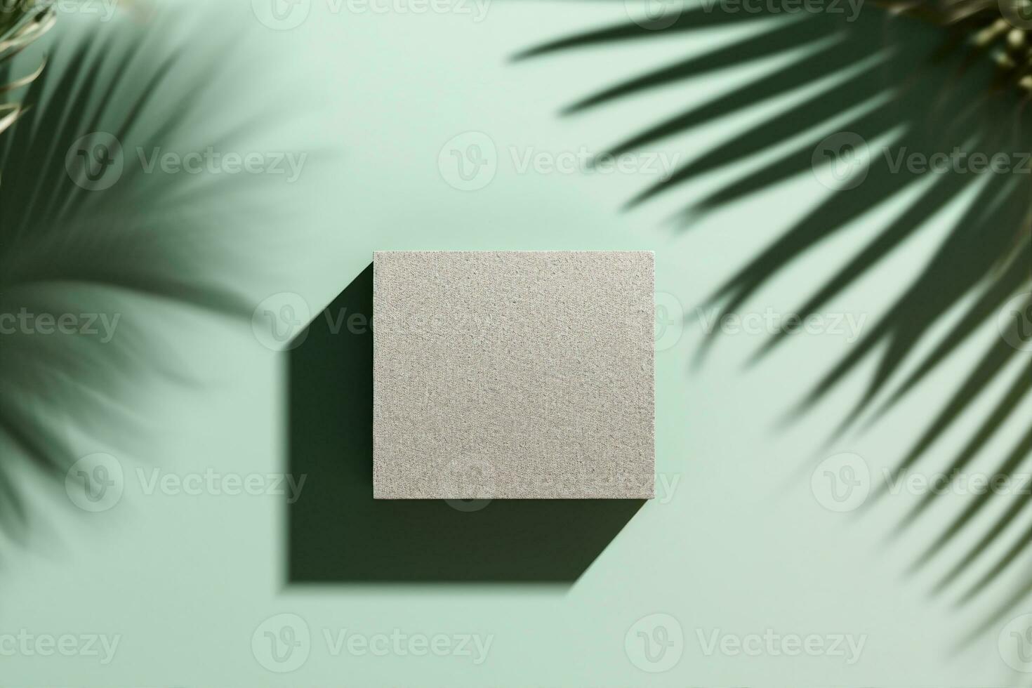 3d fundo, pedra exibição plano deitar pódio em natural pastel verde pano de fundo e Palma sombra. produtos promoção beleza Cosmético tropical mostruário. generativo ai. foto