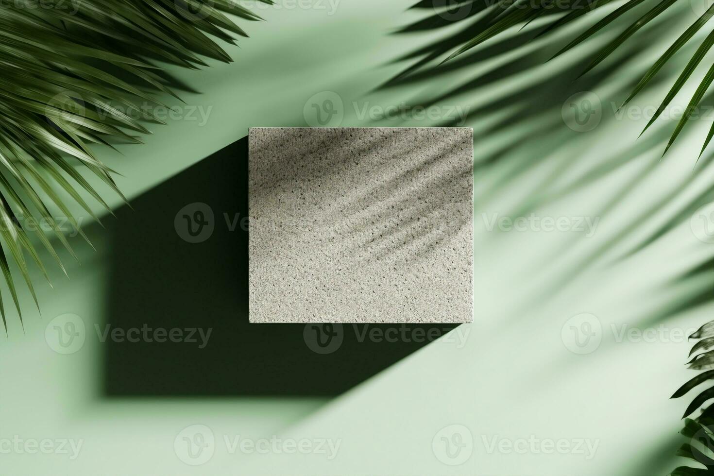 3d fundo, pedra exibição plano deitar pódio em natural pastel verde pano de fundo e Palma sombra. produtos promoção beleza Cosmético tropical mostruário. generativo ai. foto